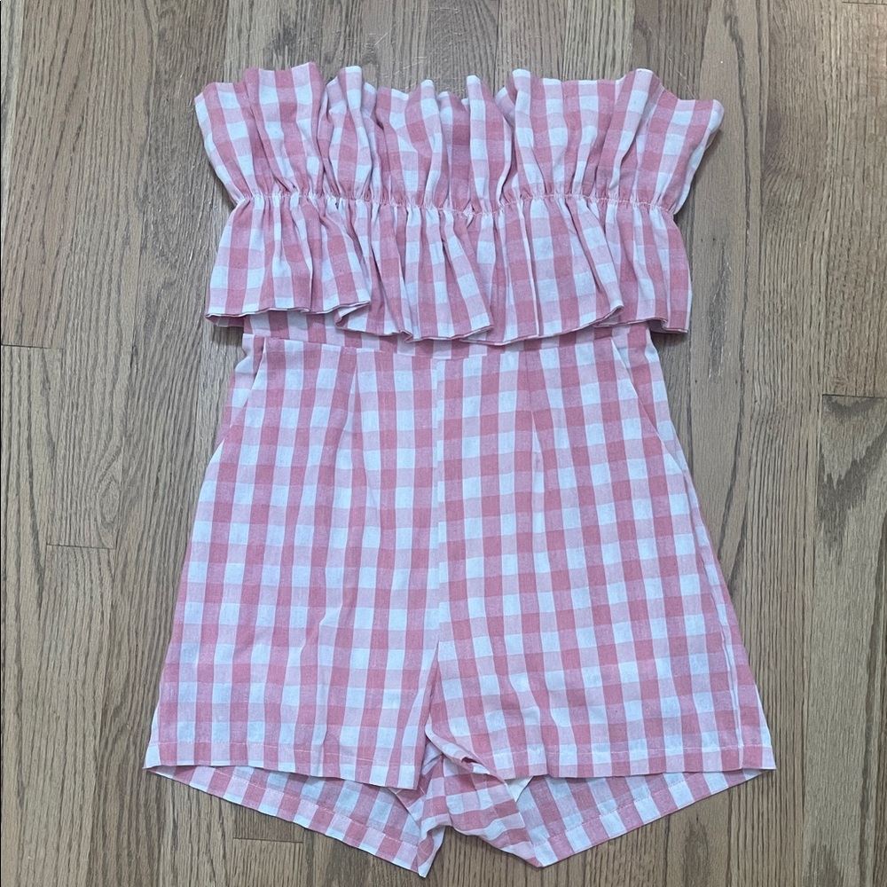 entro Pink and White Gingham Ruffle Strapless Romper